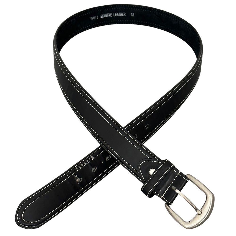Men’s Black Leather Double Contrast Stitched Belt Silver Buckle Size 38